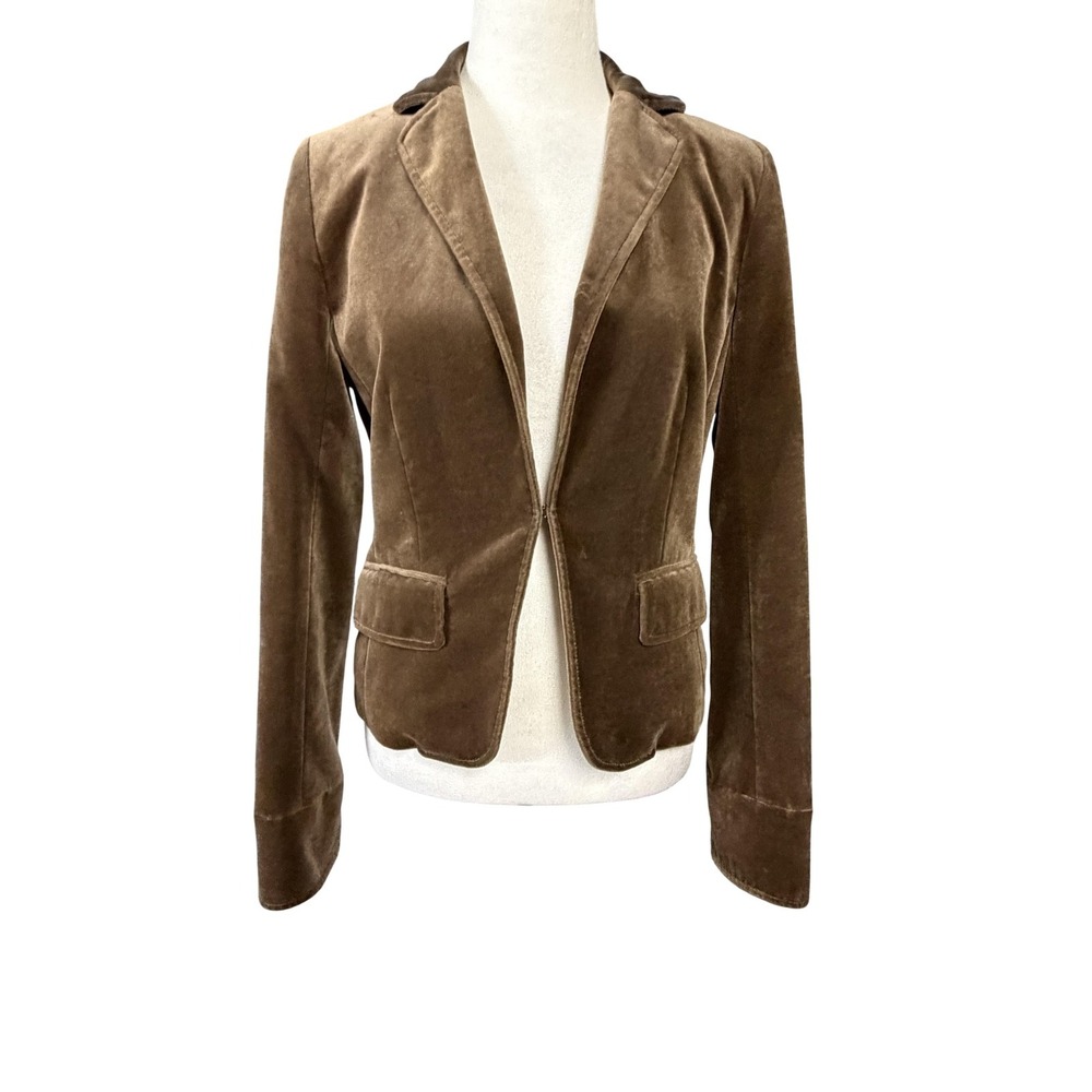 J.Crew Blazer Jacket Womens 4 Brown Velvet Ruffle Hem Open Front Lined